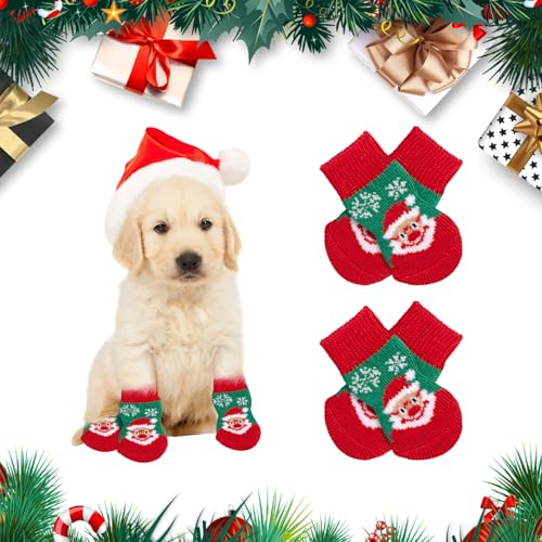 4 Stück Weihnachtssocken für Hunde, Antirutsch Socken Hund Christmas, Weihnachtsmann Hunde Stricksocken, Weiche Elastische Hundesocken Anti Rutsch, Pfotenschutz Kleine Hunde (Christmas Grün, M) von GBULTR