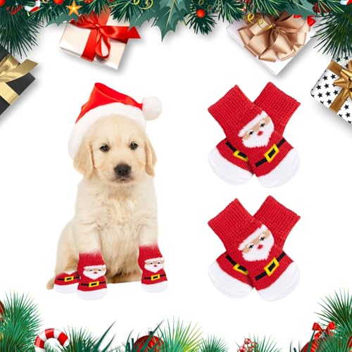 4 Stück Weihnachtssocken für Hunde, Antirutsch Socken Hund Christmas, Weihnachtsmann Hunde Stricksocken, Weiche Elastische Hundesocken Anti Rutsch, Pfotenschutz Kleine Hunde (Christmas Rot, L) von GBULTR