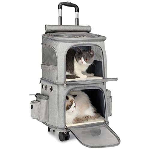 Welpentrage zum Rollen – weicher Haustier-Reisetrolley mit Teleskopgriff, ideale Katzentrage mit Rädern für kleine Hunde/Katzen/Kaninchen – Design mit 2 Fächern von GCCSSBXF