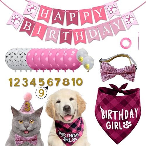 Cat Birthday Party Supplies, Kitten Birthday Outfits, Cat Birthday Bandana, Cat Birthday Decorations with Cat Birthday Hat Bow Tie Number Balloons for Dog Birthday Decorations von GCVOPTON