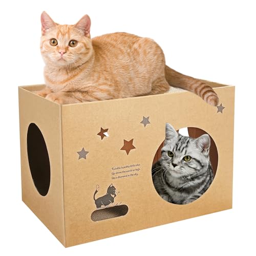 Katzenhaus aus Karton mit 2 Stück Kratzbrett, 43,2 cm L x 30,5 cm B x 30,5 cm H Katzenspielhäuser für Indoor-Katzen, Katzenkratzhaus mit Wellpappe, abnehmbar, Katzenkratzbox von GCVOPTON