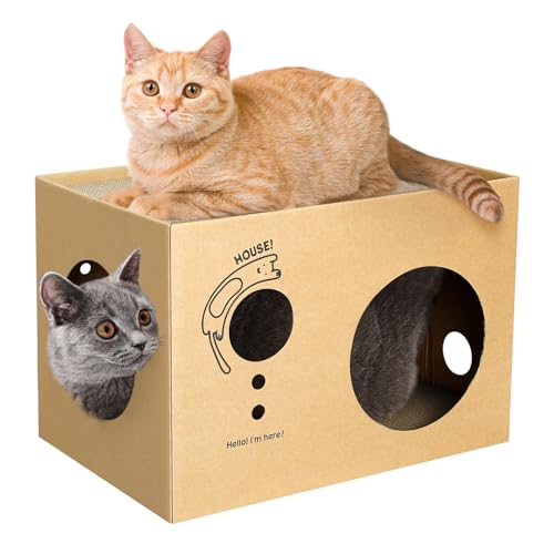 Katzenhaus aus Karton mit 2 Stück Kratzbrett, 43,2 cm L x 30,5 cm B x 33 cm H Katzenspielhäuser für Indoor-Katzen, Katzenkratzhaus mit Wellpappe, abnehmbar, Katzenkratzbox von GCVOPTON