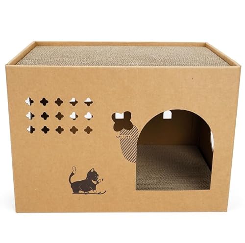 Katzenhaus aus Karton mit 2 Stück Kratzbrett, 43,2 cm L x 30,5 cm B x 35,6 cm H Katzenspielhäuser für Indoor-Katzen, Katzenkratzhaus mit Wellpappe, abnehmbar, Katzenkratzbox von GCVOPTON