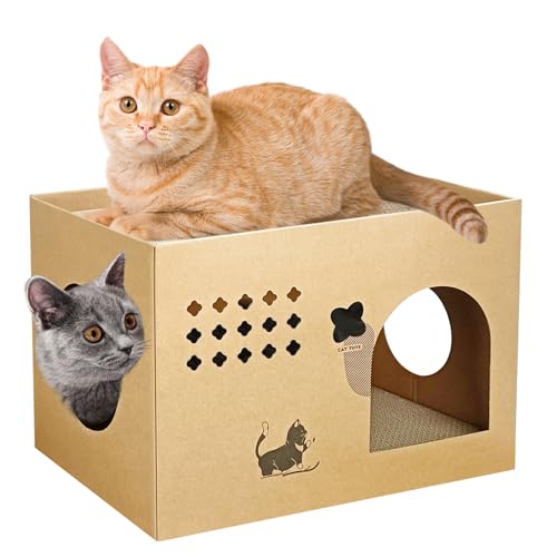 Katzenhaus aus Karton mit 2 Stück Kratzbrett, 43,2 cm L x 30,5 cm B x 35,6 cm H Katzenspielhäuser für Indoor-Katzen, Katzenkratzhaus mit Wellpappe, abnehmbar, Katzenkratzbox von GCVOPTON