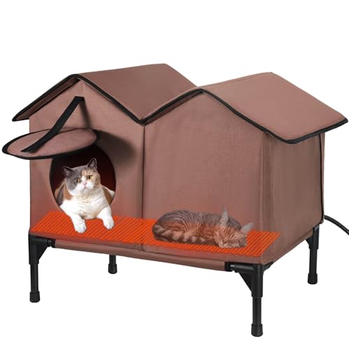 Beheiztes Katzenhaus, faltbares Katzenhaus für Wildkatzen, Katzenhaus Outdoor Winterfest Wasserdicht mit erhöhtem Sockel, Gemeinschaftskatzen und kleine Hunde (Braun) von GDGZT