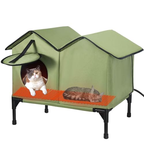 Beheiztes Katzenhaus, faltbares Katzenhaus für Wildkatzen, Katzenhaus Outdoor Winterfest Wasserdicht mit erhöhtem Sockel, Gemeinschaftskatzen und kleine Hunde (Grün) von GDGZT