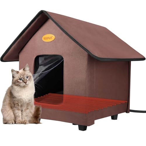 Beheiztes Katzenhaus, Katzenhaus Outdoor Winterfest Wasserdicht mit erhöhtem Sockel, faltbares Katzenhaus für Wildkatzen, Gemeinschaftskatzen und kleine Hunde (Braun) von GDGZT