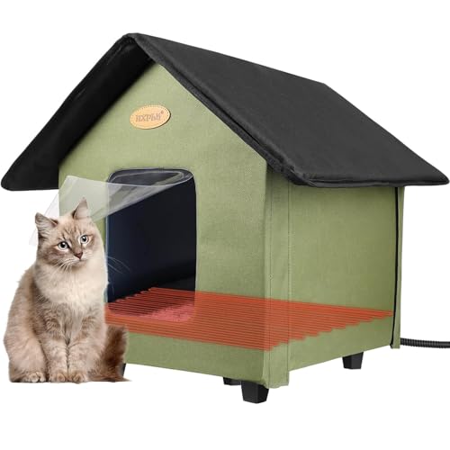 Beheiztes Katzenhaus, Katzenhaus Outdoor Winterfest Wasserdicht mit erhöhtem Sockel, faltbares Katzenhaus für Wildkatzen, Gemeinschaftskatzen und kleine Hunde (Grün) von GDGZT