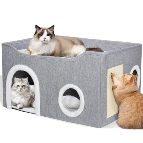 Katzenbett für Hauskatzen, faltbares Katzenhaus mit Würfel, großes weiches Katzenhöhlenbett mit Kratzbrett, überdachter Katzenversteck für Katze und kleinen Hund, 33.53 x 60.45 x 40.39 cm, grau von GDGZT