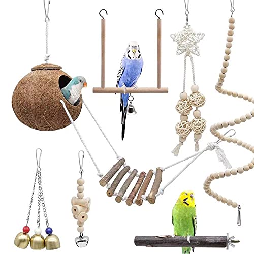 GDWD Vogel Papagei Spielzeuge 7 Stück,Kokosnuss Vögel Käfig mit Leiter, Vogel Papagei Spielzeuge Holz Papageienspielzeug Hängend Schwingen Klettern Hängematte für Sittiche, Conure, Aras, Finken von GDWD