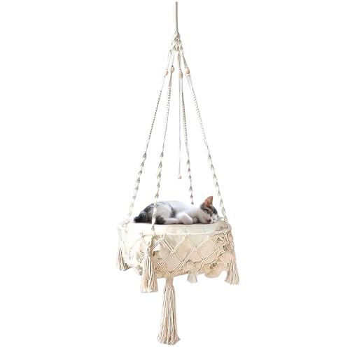 Katzen Hängematte, Hängen Katzenbett, Makramee Katzenschaukel für Drinnen, Handgewebtes Katzennest, Heimtier Hängekorb Schaukelnetz, Katzenschaukelbett, Boho Fransenhängematte Haustierschaukel (45cm) von GDWD