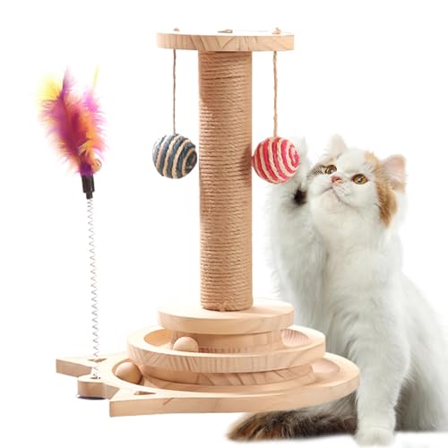 Katzenspielzeug, Holz Roller Katzen Interaktives Spielzeug, Drehteller Kratzbaum Kratzsäule mit Hängenden Bällen & Feder, Interaktiven Katzen Spielzeug für Kleine Mittelgroße Katzen zum Spielen von GDWD