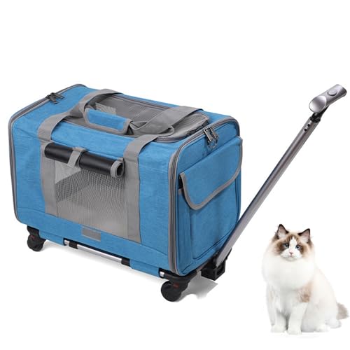 Transporttasche mit Rollen für Katze und Hunde, Tragetasche mit Teleskopgriff und Abnehmbaren Rädern, Faltbare Haustiertrage Transportbox mit Trolley für Kleine Mittelgroße Hund und Katzen (Blau) von GDWD