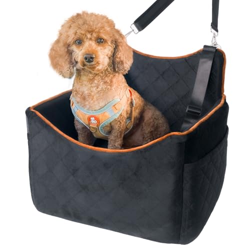 GEDLIRE Hunde-Autositz für kleine Hunde, abnehmbar, waschbar, mit Aufbewahrungstaschen, weiches Kissen und sichere Gurte, Clip-On-Leine, tragbare Haustier-Welpen-Reisetasche, Autositzbett, Schwarz von GEDLIRE