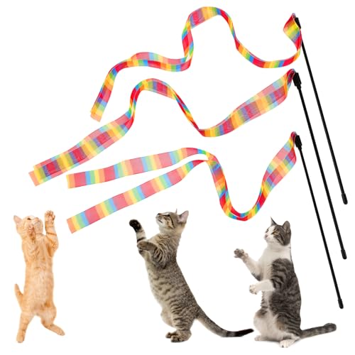 GEEHUA Interaktives Katzenspielzeug in Regenbogenfarben, 3 Stück interaktiver Katzen Teaser Zauberstab mit Schnur für Hauskatzen Katzen Zauberstab Spielzeug Kätzchen Spielzeug Katzenspielzeug von GEEHUA