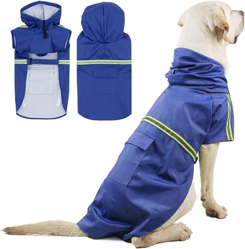 Hunderegenmantel – Wasserdichter Hundemantel mit Kapuze und Reflektoren für trockene, sichere Gassigänge (Blau, 2XL) von GEENIT