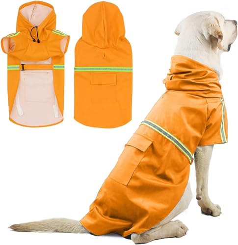 Hunderegenmantel – Wasserdichter Hundemantel mit Kapuze und Reflektoren für trockene, sichere Gassigänge (Orange, 2XL) von GEENIT