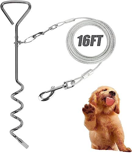 GENCAM Dog Tie Out Cable and Stake for Dogs, Dog Tie Out Cable with Spiral Ground Stake, Outdoor Dog Camping Tie Out Dog Lead Hook Leash for Dogs (5m) von GENCAM