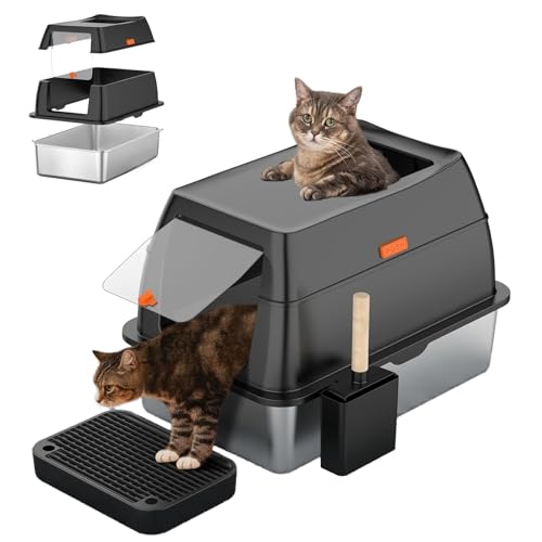 Katzenklo Edelstahl mit Deckel Katzentoilette XXL Geschlossen mit Katzentoilette Schaufel Katzenklo Einstieg Oben mit Katzenschaufel und Katzenklo Matte (Black 1) von GESEILAY