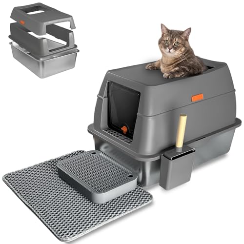 Katzenklo Edelstahl mit Deckel Katzentoilette XXL Geschlossen mit Katzentoilette Schaufel Katzenklo Einstieg Oben mit Katzenschaufel und Katzenklo Matte(Dark Gray 1) von GESEILAY