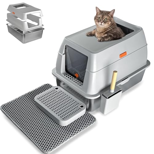 Katzenklo Edelstahl mit Deckel Katzentoilette XXL Geschlossen mit Katzentoilette Schaufel Katzenklo Einstieg Oben mit Katzenschaufel und Katzenklo Matte (Grey 1) von GESEILAY