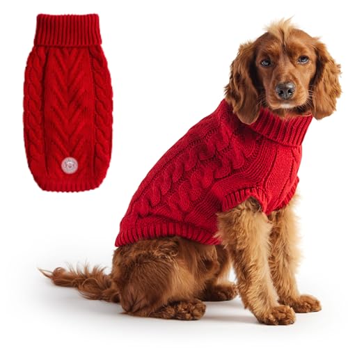 GF PET Chalet Hundepullover mit Zopfmuster, kuscheliger Rollkragenpullover für kleine, mittelgroße und große Hunde, Grobstrick-Stretch-Passform, weiches geripptes Acryl, mehrfarbig gestrickt, Rot, von GF Pet