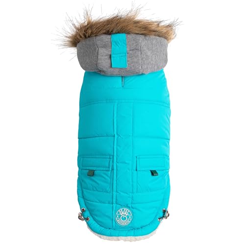 GF Pet Hundeparka, Winterjacke, Matrosen, Warmer Mantel für Hunde, mit Fleece gefüttert, veganes Fell, mit Kapuze, Bodywarmer – Aqua – XXL von GF Pet