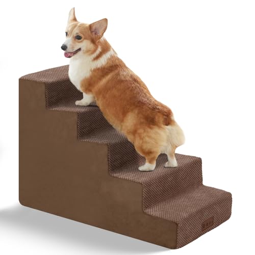 GGIB Hundetreppenrampe für Betten, Haustiertreppe für Sofas, Hochbetten, rutschfeste Haustiertreppe mit abnehmbarem, waschbarem Bezug, Haustierrampe für kleine Hunde und Katzen, Braun, 55,9 cm hoch, 5 von GGIB