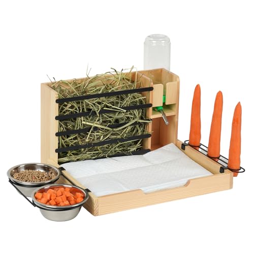 4 in 1 Kaninchen-Heu-Futterspender, Kleintier-Heuraufe, Kaninchen-Futterspender aus Holz, 500ml Wasserflasche, 2 Stück Futterschalen und 2 Stück Pinkelpads für Kaninchen, Meerschweinchen, Chinchillas, von GHIAKQYT