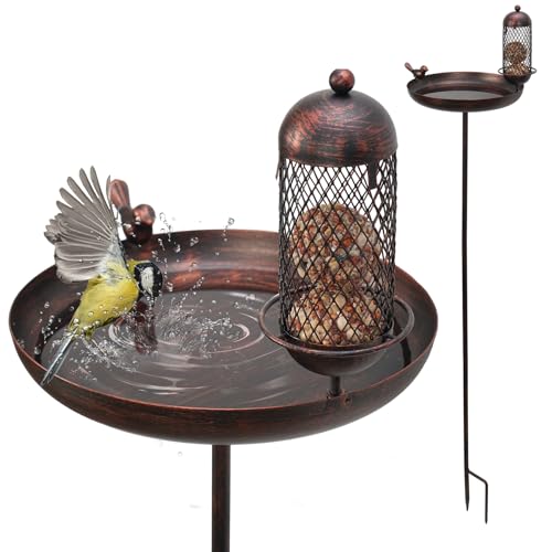 GHIAKQYT Vogeltränke mit vogelfutterspender, Vogelbad Vogelbecken∅25x122cm und Futterspender Futterschale Stehend,Groß Frostsicher Winterfest Wassertränke Futterstationen für Wildvögel von GHIAKQYT