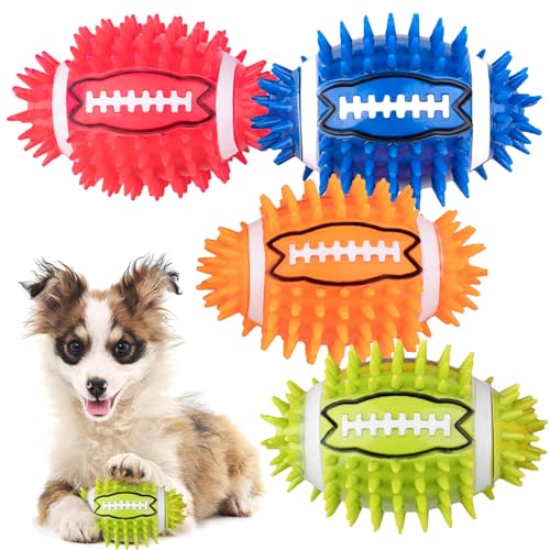 GHOBROFY Hundespielzeug Bälle 4er Set Fußball Form Gummi Spiky Quietschend Rot Blau Orange Grün von GHOBROFY