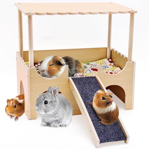 GHWMYD Hamster Meerschweinchen Haus Holz, Großes Schloss Versteck für Kleintiere mit 3 Eingängen im Höhlen-Design, 2 Ebenen Spielplatz für Zwerghamster, Rennmäuse, Degus, Nagetiere, 38x35.5x25cm von GHWMYD