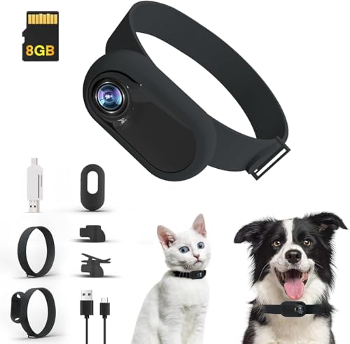 Katzen-Kamera-Halsband HD 1080P, kabellose Hundehalsband-Kamera mit 8 GB SD-Karte, Sport-Action-Kamera, Katzenhalsband-Kamera für Haustierbedarf, Videoaufnahmen, Kamera für Katzen, Hunde, Geschenk von GHWMYD