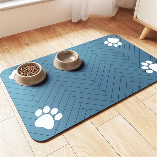 GIBZ Futtermatte für Hunde mit Pfotenmuster für Spender, rutschfeste Napfunterlage, Schnelltrocknendes Saugfähiges Hund Matte, Blau, 30x50cm von GIBZ