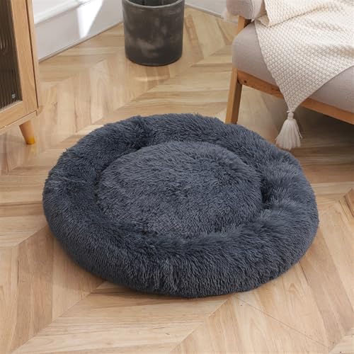 GIBZ Hundebett Rund Flauschig Einfarbig Winter Warm Katzenbett rutschfest Waschbar Haustierbett für Klein Mittelgroß und Groß Dunkel Grau 100cm von GIBZ