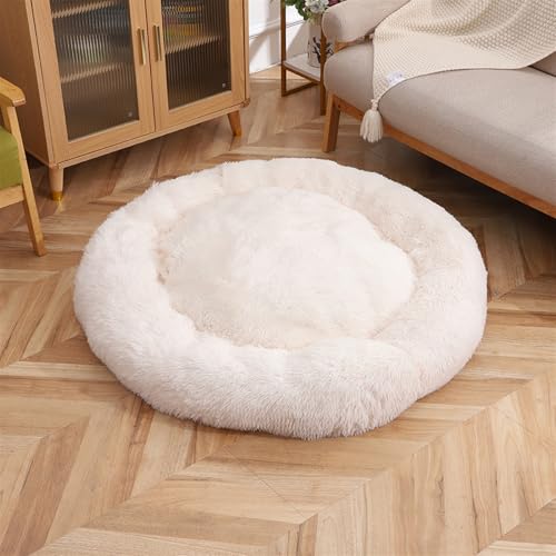 GIBZ Hundebett Rund Flauschig Einfarbig Winter Warm Katzenbett rutschfest Waschbar Haustierbett für Klein Mittelgroß und Groß Weiß 120cm von GIBZ