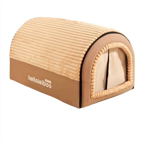 GIBZ Hundehausbett für Kleine Hunde Winter Warm Abnehmbare Katzenbett mit Türvorhang Rutschfestes Haustierbett für Mittelgroße und Große Hunde Braun 60x45x40cm von GIBZ