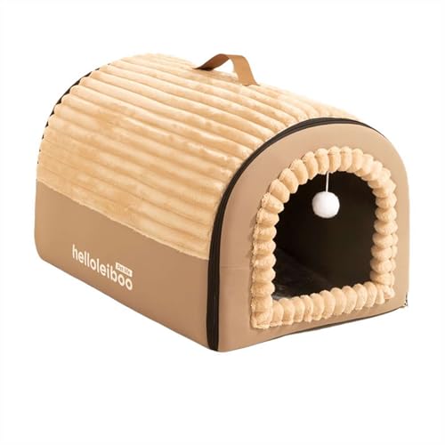 GIBZ Hundehausbett für Kleine Hunde Winter Warm Abnehmbare Katzenbett mit Türvorhang Rutschfestes Haustierbett für Mittelgroße und Große Hunde Hellbraun 75x50x50cm von GIBZ