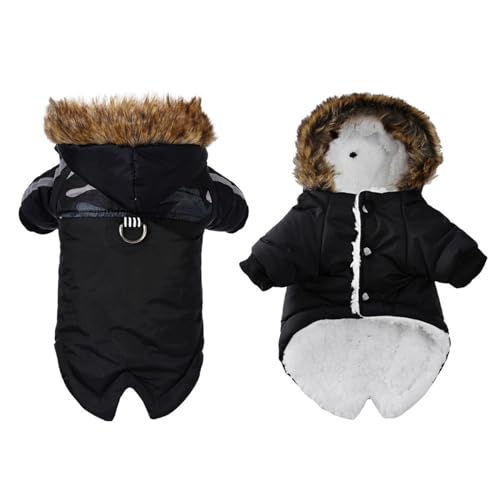 GIBZ Wasserdicht Winter Hundemantel mit Geschirr Loch Winddicht Warme Jacke mit Kapuze für Kleine Hunde Fleece HundeJacke D Ring-Schwarz von GIBZ