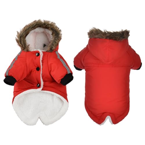 GIBZ Wasserdicht Winter Hundemantel mit Geschirr Loch Winddicht Warme Jacke mit Kapuze für Kleine Hunde Fleece HundeJacke Rot von GIBZ