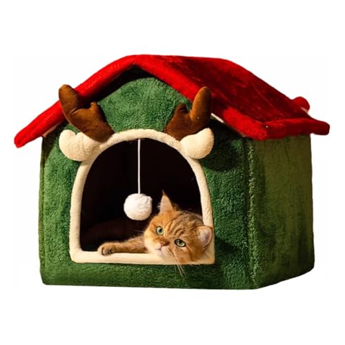 GIBZ Weihnachtsbett Katzen für Kleine Hunde Hundehausbetten Flauschig Rutschfestes Winter-Haustierbett für Kleine Mittelgroße und Große Hunde Grün 45x40x45cm von GIBZ