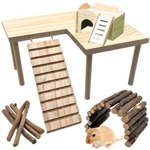 Hamster Holzhaus mit Leiter Groß Syrische Hamster Kletterplattformen Kletterhütte Natur Wohnzimmer Holzzimmer für Hamster Rennmäuse Meerschweinchen Mäuse von GIKIMO