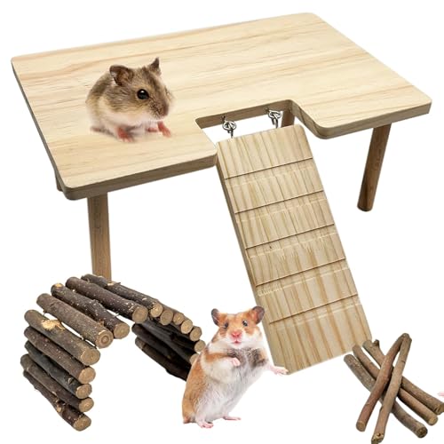 Hamsterplattform mit Beinen, Kleine Syrische Hamster Kletterplattformen mit Rampe Kit mit Hamsterhest, Holzleiter Brücke Ratte Spielspielzeug Stehtisch Rennmäuse Käfig Zubehör von GIKIMO