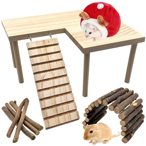 Hamsterplattform mit Beinen, große syrische Hamster-Kletterplattformen mit Rampen-Set mit Hamsterhest, Holzleiter, Brücke, Ratte, Spielspielzeug, Stehtisch, Rennmaus, Käfigzubehör von GIKIMO