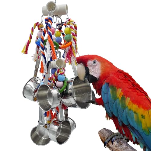 Cenyo GILYGI New Upgraded Pots and Multicolored Ring Toys, Pullable 8 Stainless Steel Cups and 8 Wooden Ring Toys for Large and Extra Large Parrot Amazons Macaws African Greys Cockatoos von GILYGI