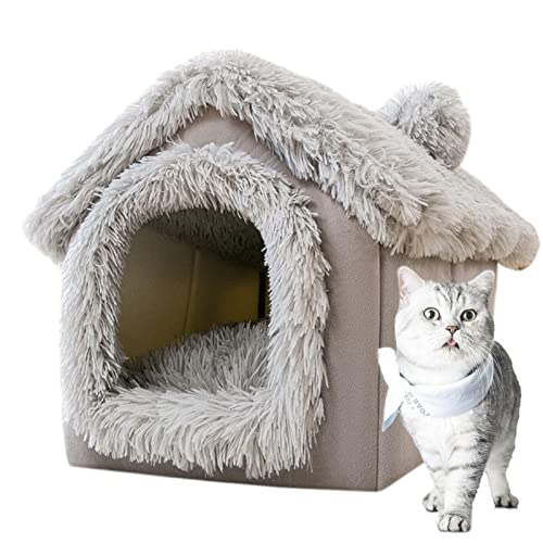 GIMOCOOL Hundehütte, Katzenhöhle Bett, Warm und Gemütlich Plüsch Katze Iglu, Tragbare Katze Zwinger Bett Indoor mit Abnehmbarem Kissen, Waschbar Haustiere Bett Höhle, Abnehmbar Und Faltbar Rutschfest von GIMOCOOL