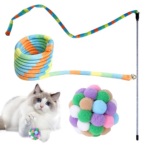 GIMOCOOL Katzenbandspielzeug | Schnurspielzeug, interaktives Katzenspielzeug-Zauberstab-Set - Interaktives Schnurspielzeug mit Ball, sicher und farbenfroh für Katzen und Kätzchen im Innenbereich von GIMOCOOL