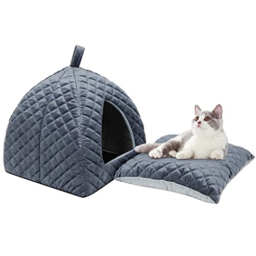 GIMOCOOL Katzenbett Kätzchenbett Katzenzelt Indoor Katzenhaus Halb Geschlossenes Katzenbett 2-in-1 Faltbares & Bequemes Iglu Dreieck Haustierbett Katzenhöhle Haus mit abnehmbarem Kissen von GIMOCOOL