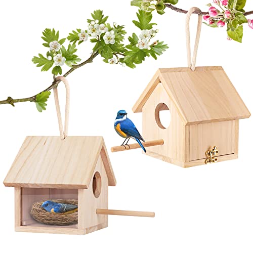 GINDOOR 2 Stück Vogelhäuser für den Außenbereich mit Stange, Holz-Vogelhaus, blaues Vogelhaus, Vogelhäuser für den Außenbereich, zum Aufhängen, Garten, Terrasse, Finken, Drossel von GINDOOR