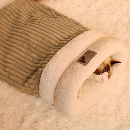 Katzen-Winterschlafsack, Katzenschlafsack für Innenkatzen und kleine Hunde, weicher Plüsch, großer Katzensack, super warmes Katzenbett, 360°-Wickelung, bequemer Haustier-Kuschelsack (Braun, L (für < von GINGER TECH